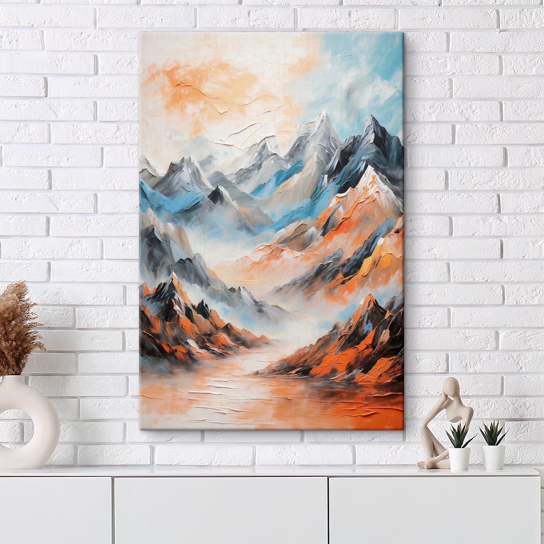 A painting of mountains with clouds A painting of mountains with clouds