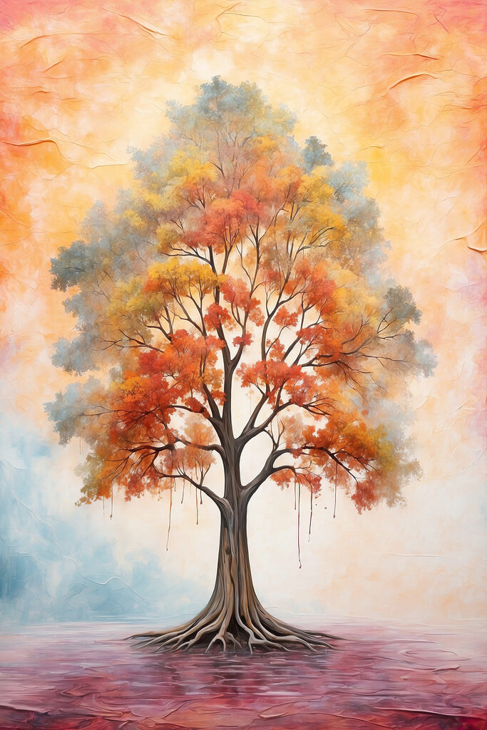 A painting of a tree with orange and yellow leaves A painting of a tree with orange and yellow leaves