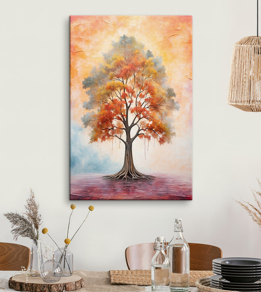 A painting of a tree with orange and yellow leaves A painting of a tree with orange and yellow leaves
