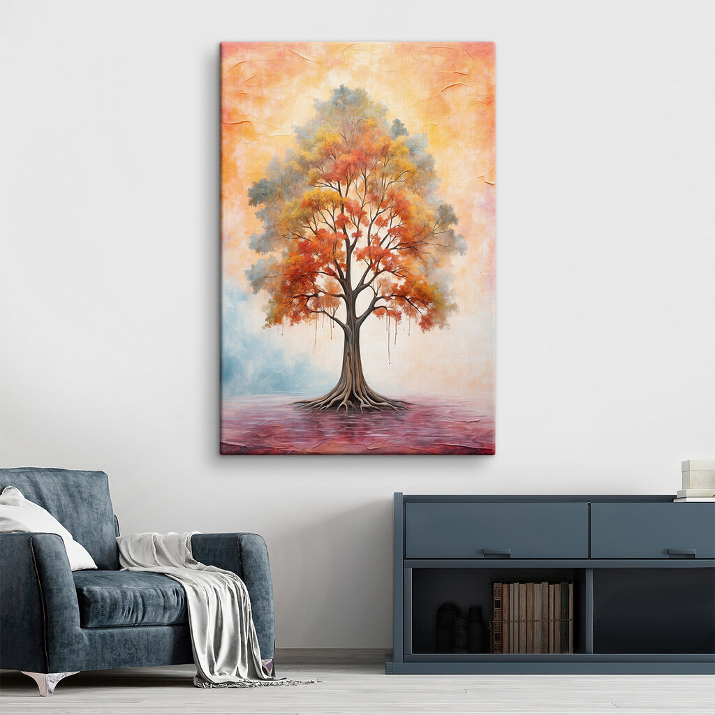 A painting of a tree with orange and yellow leaves A painting of a tree with orange and yellow leaves