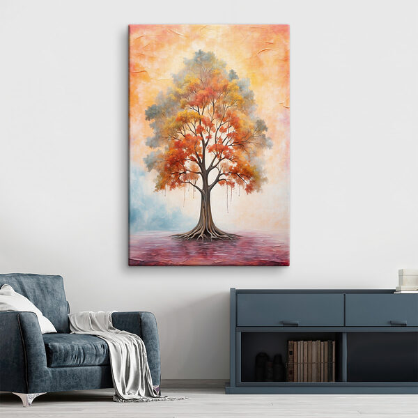 A painting of a tree with orange and yellow leaves A painting of a tree with orange and yellow leaves