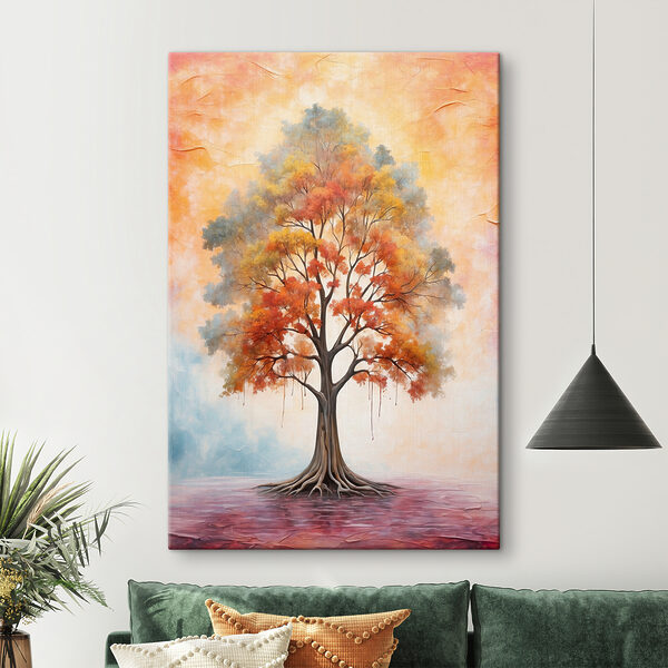 A painting of a tree with orange and yellow leaves A painting of a tree with orange and yellow leaves