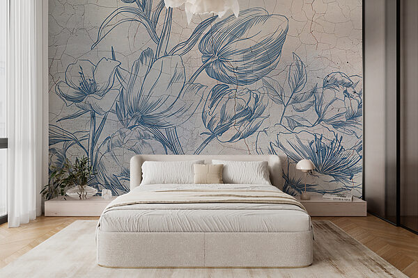 Un dibujo de flores en una pared agrietada Un dibujo de flores en una pared agrietada