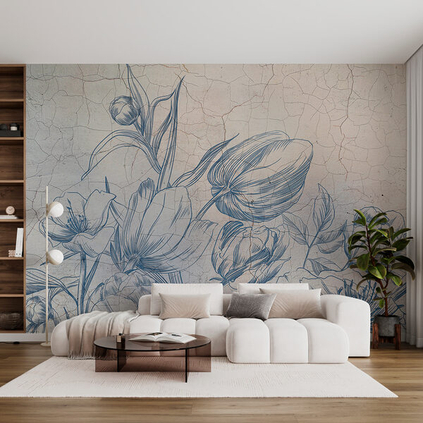 Un dibujo de flores en una pared agrietada Un dibujo de flores en una pared agrietada