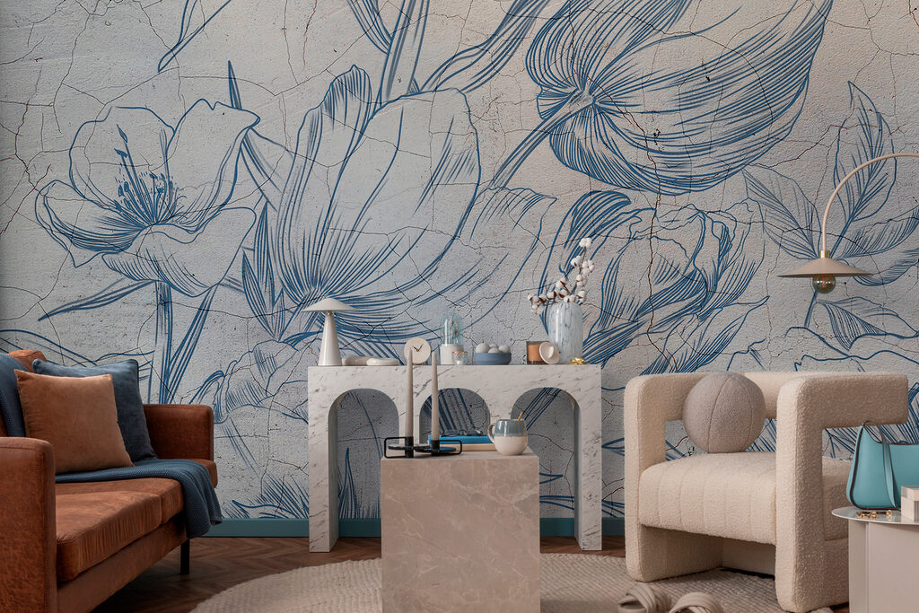 A drawing of flowers on a cracked wall