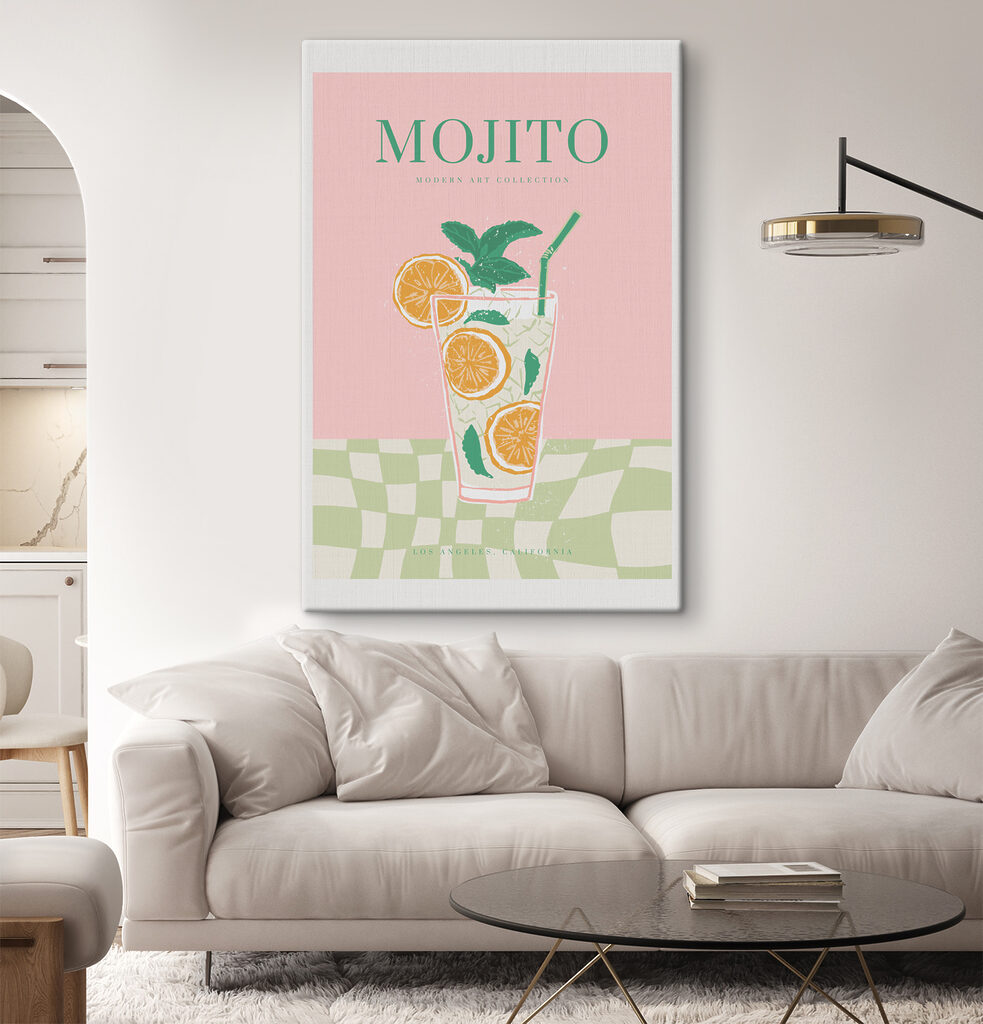 A poster of a drink with oranges and mint leaves