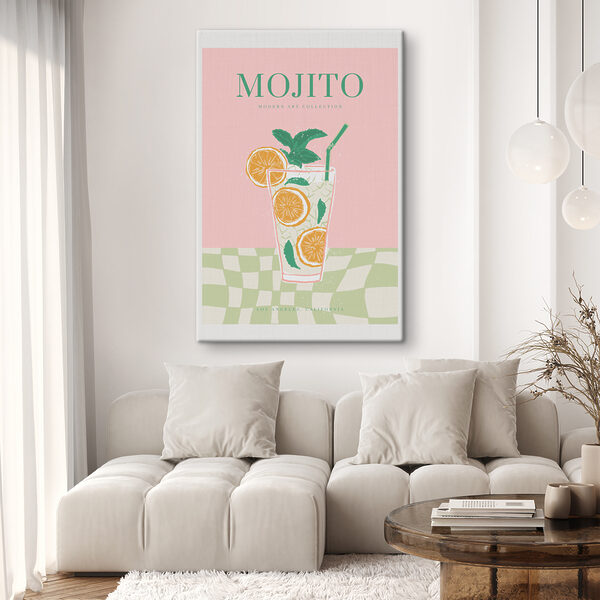 A poster of a drink with oranges and mint leaves