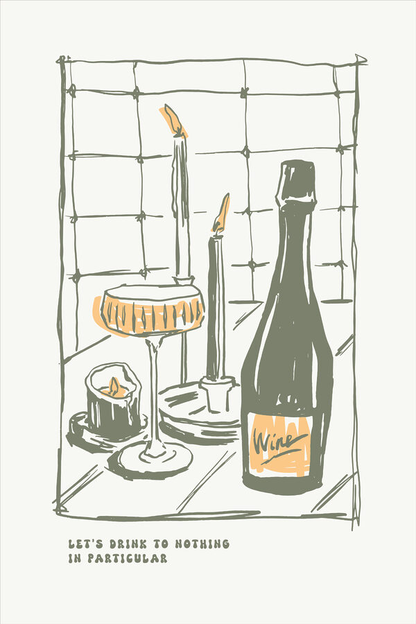 A drawing of a wine bottle and glasses