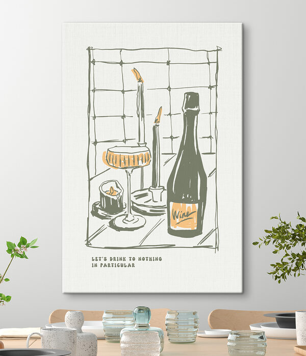 A drawing of a wine bottle and glasses