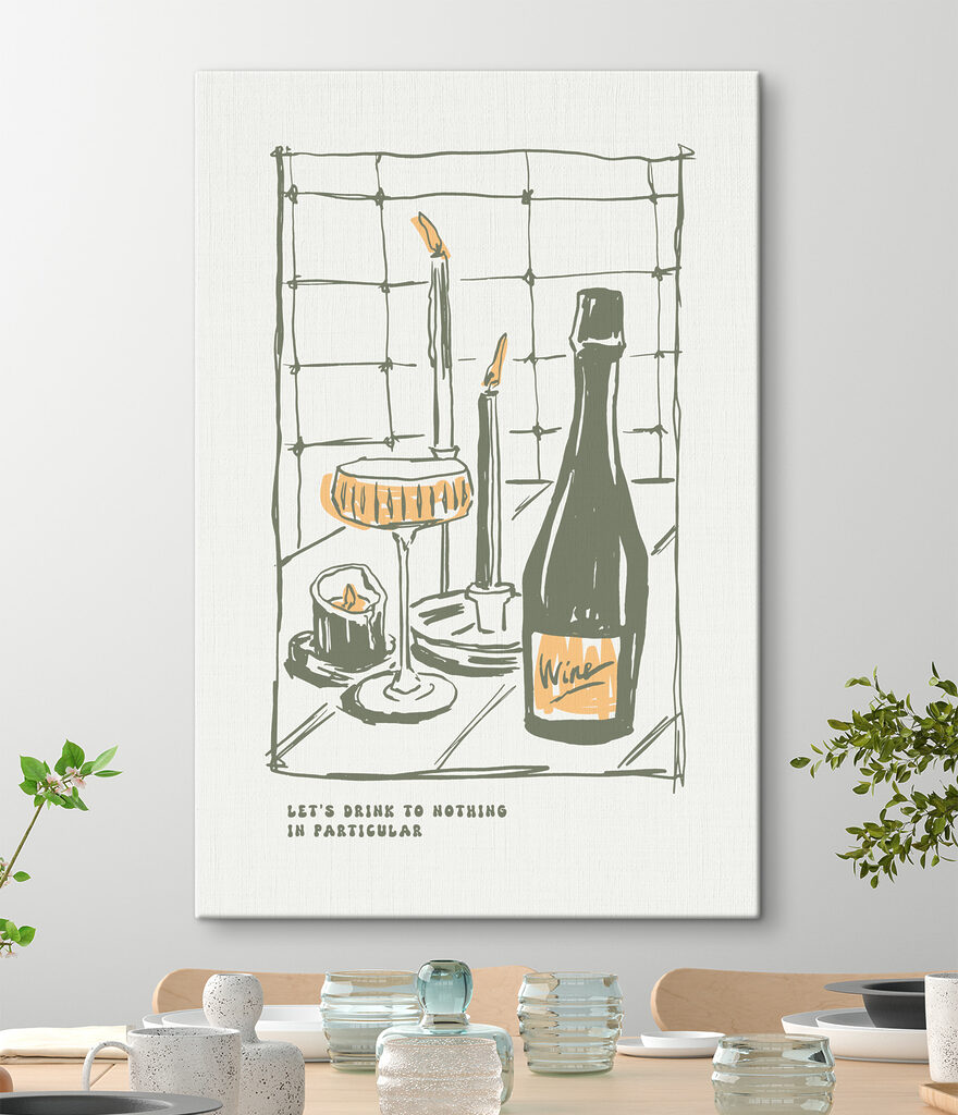 A drawing of a wine bottle and glasses