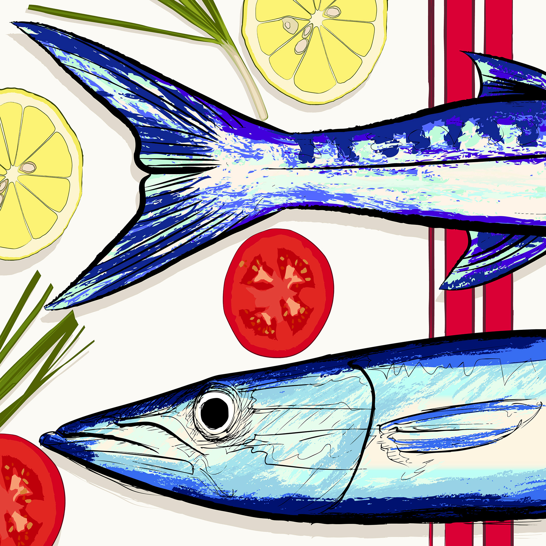 A fish and tomatoes on a table