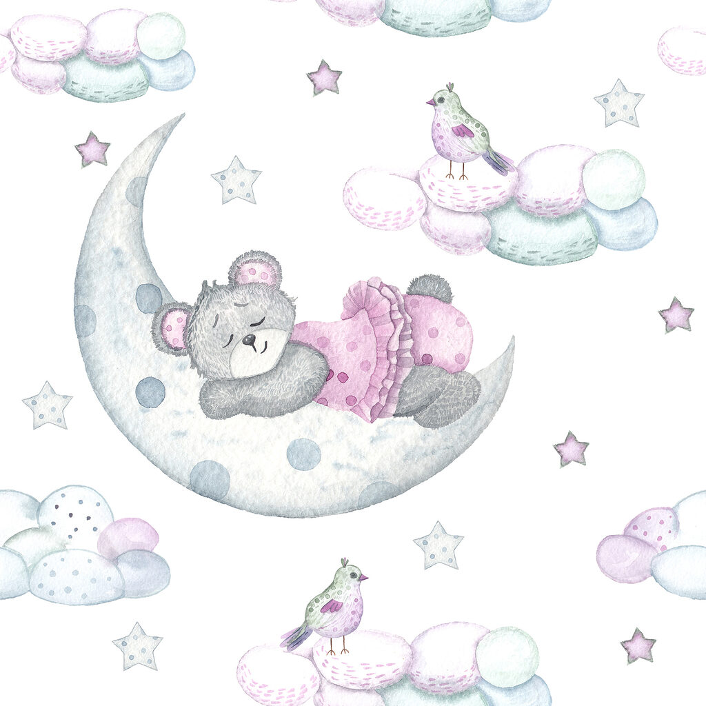 A teddy bear sleeping on the moon