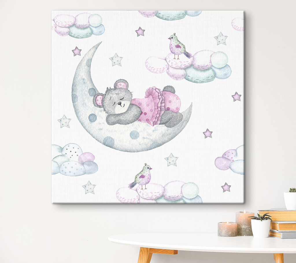 A teddy bear sleeping on the moon