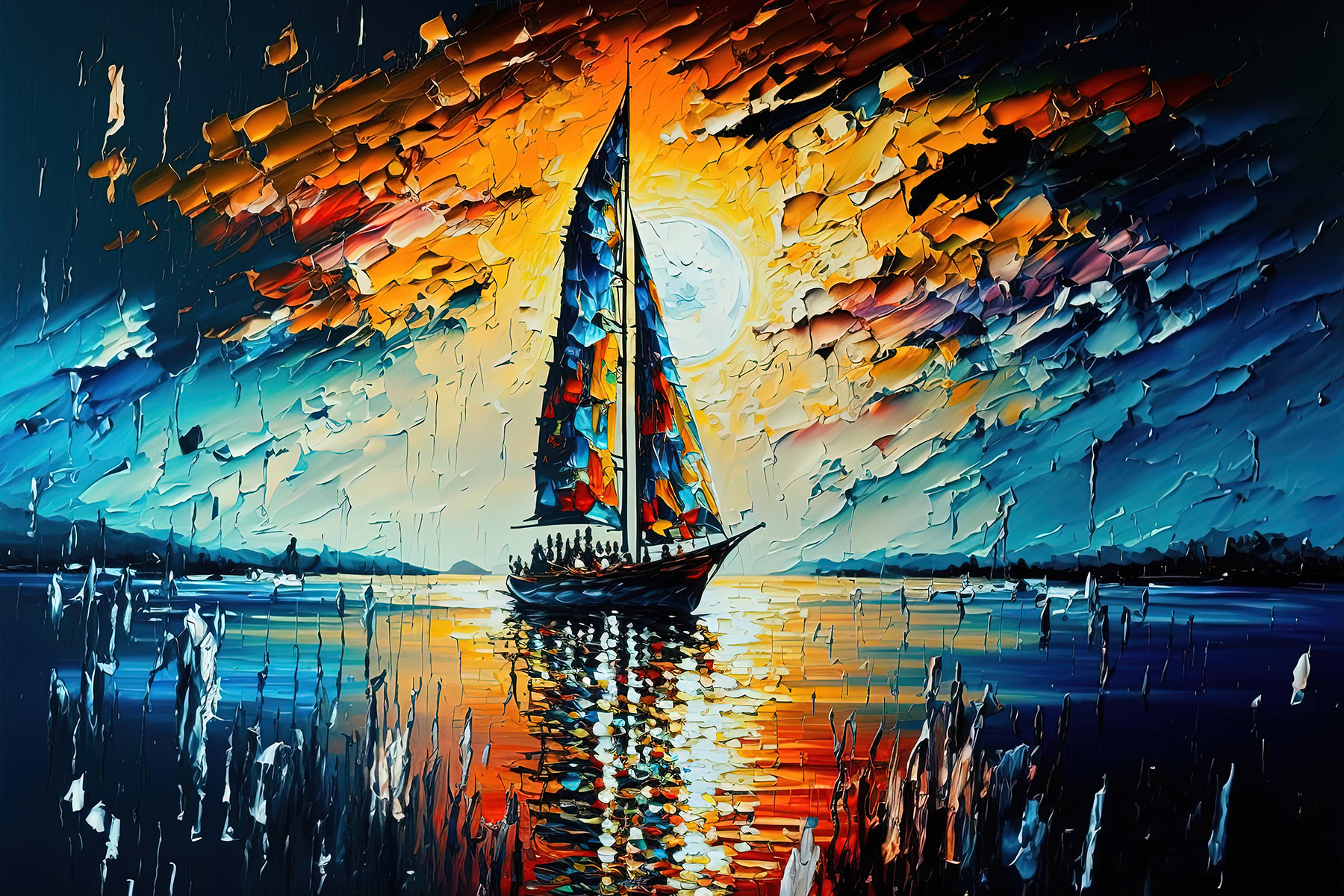 A painting of a sailboat on water