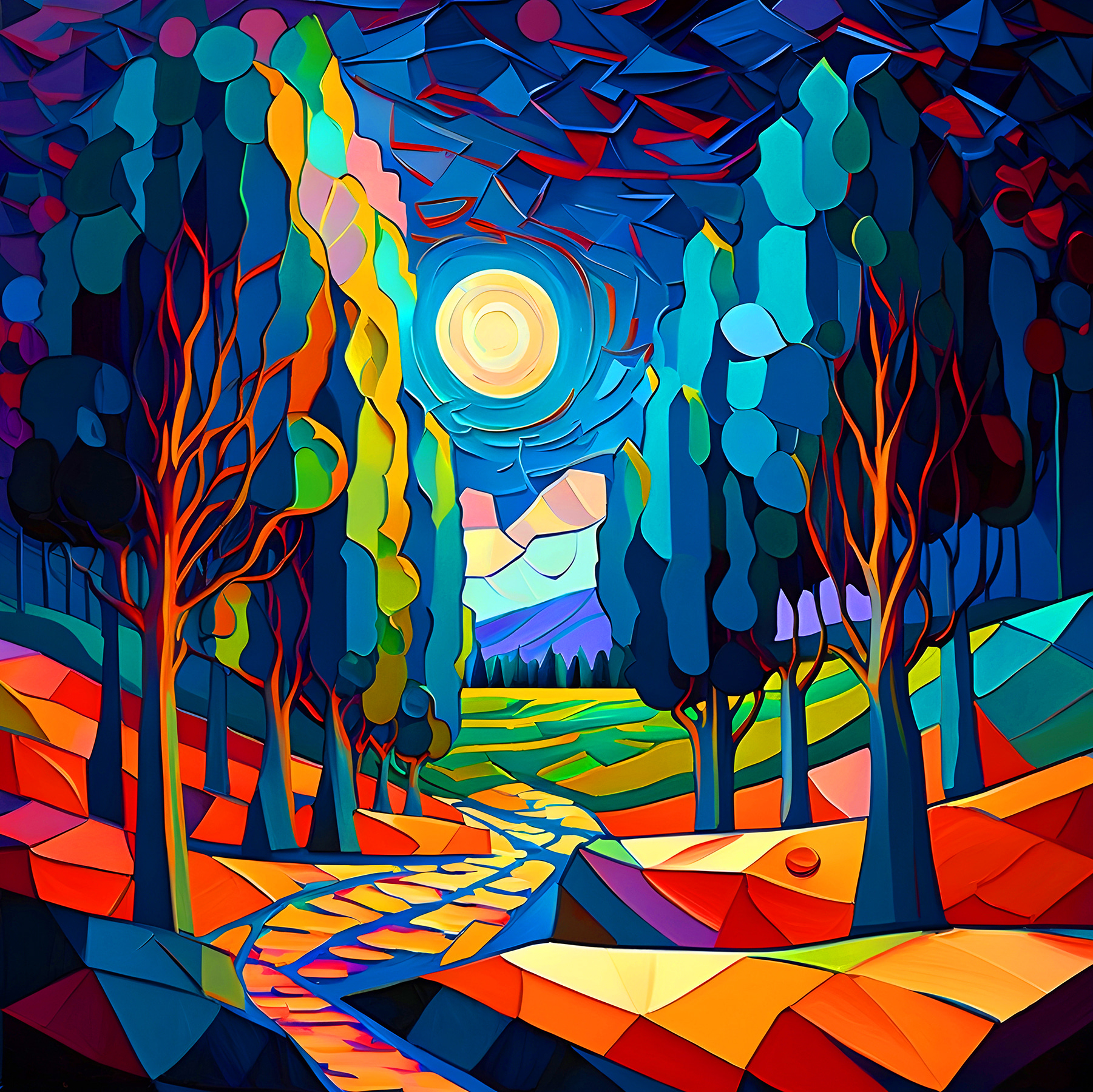 A colorful landscape with trees and a path A colorful landscape with trees and a path
