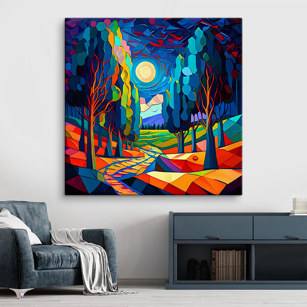 A colorful landscape with trees and a path A colorful landscape with trees and a path