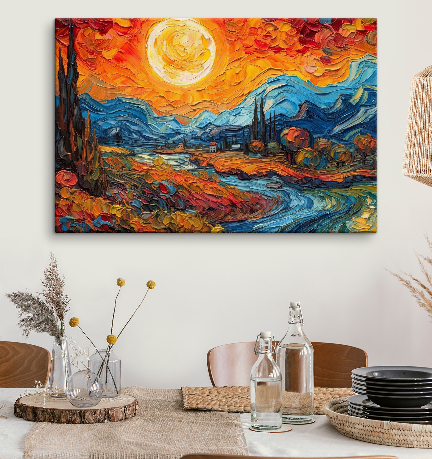 A painting of a landscape with a river and mountains A painting of a landscape with a river and mountains