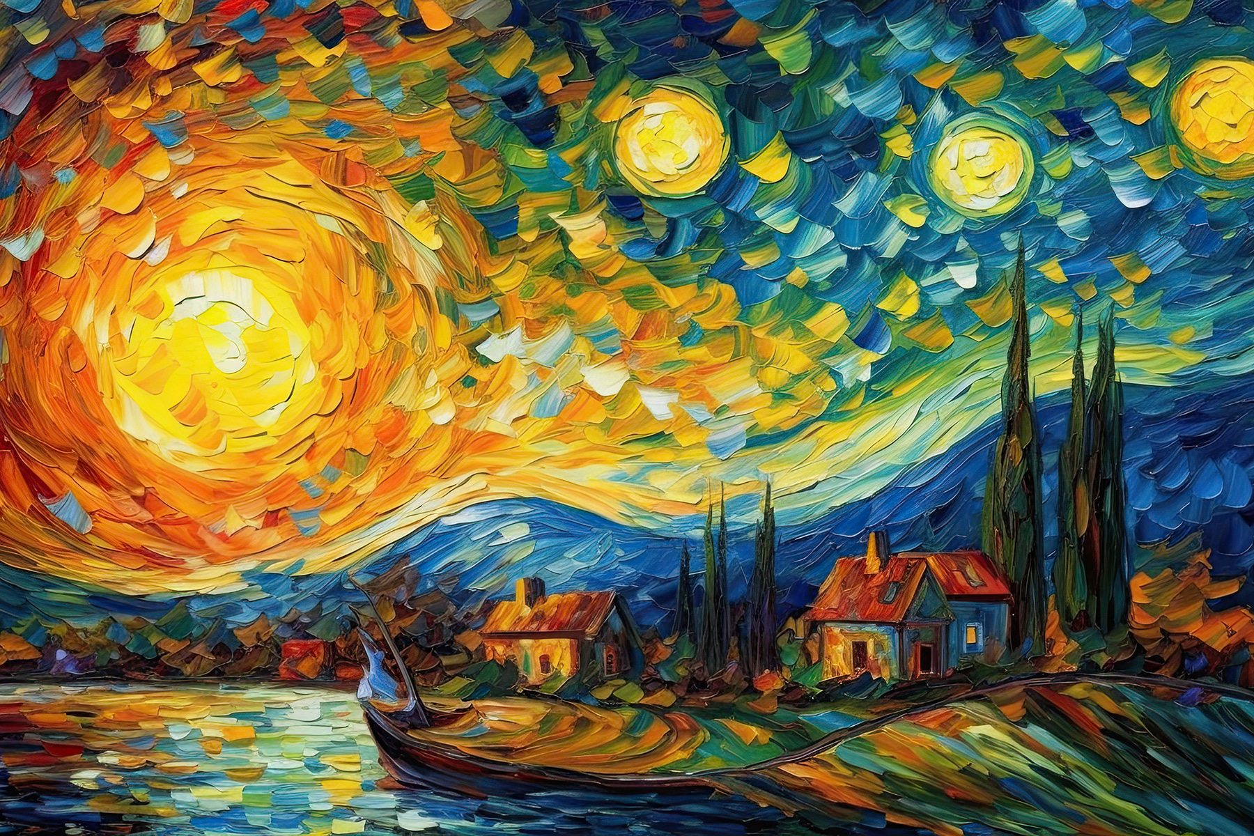 A painting of a house and a boat on a lake A painting of a house and a boat on a lake