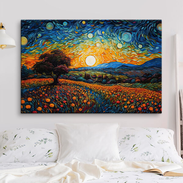 A painting of a landscape with trees and flowers A painting of a landscape with trees and flowers