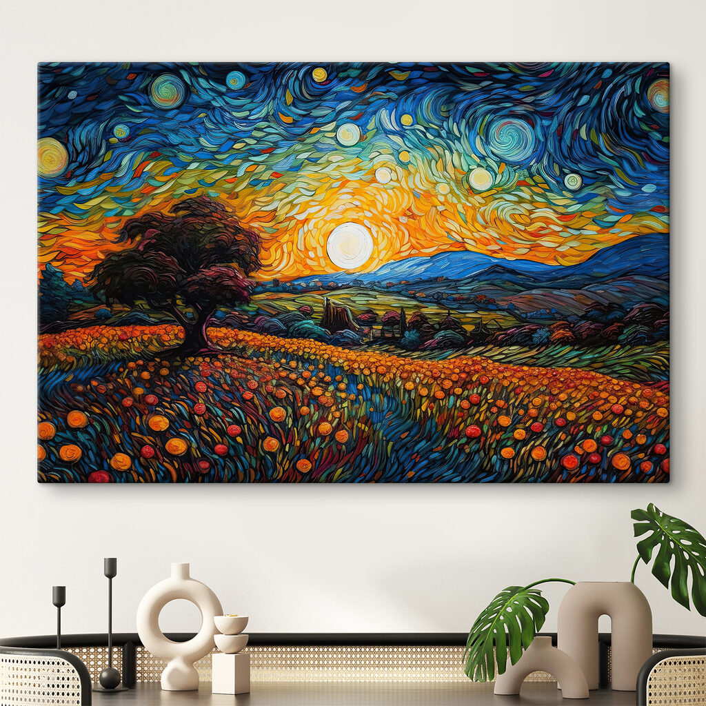 A painting of a landscape with trees and flowers A painting of a landscape with trees and flowers