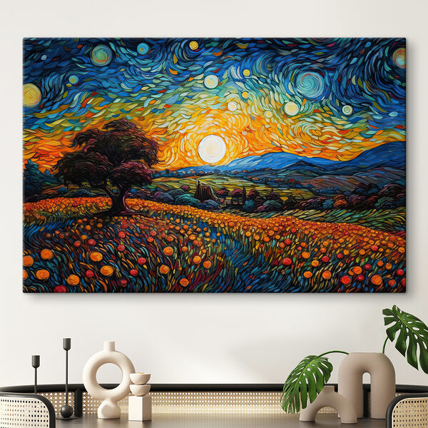 A painting of a landscape with trees and flowers A painting of a landscape with trees and flowers