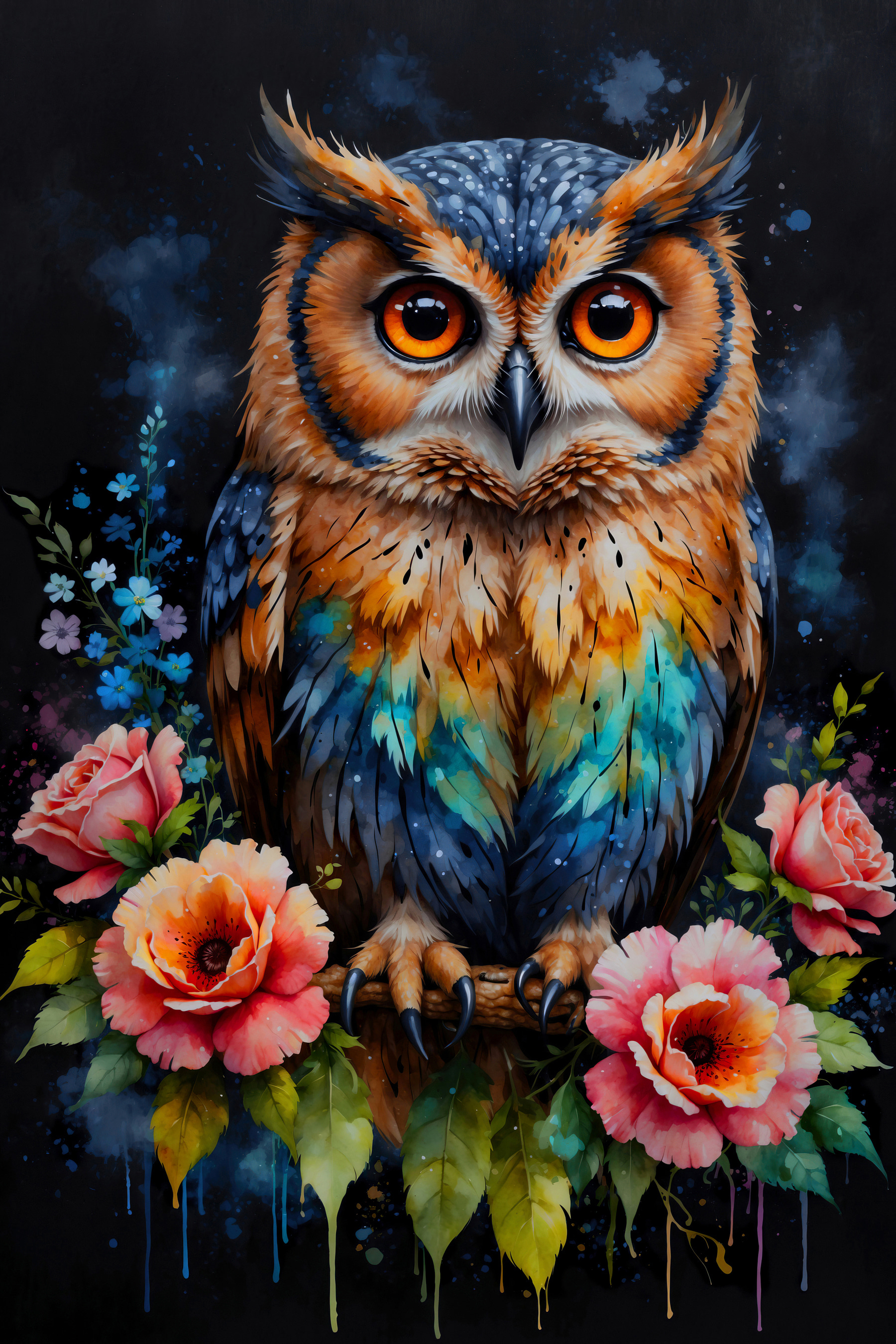 A painting of an owl with flowers