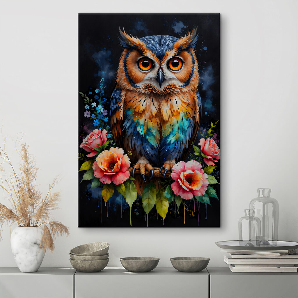 A painting of an owl with flowers