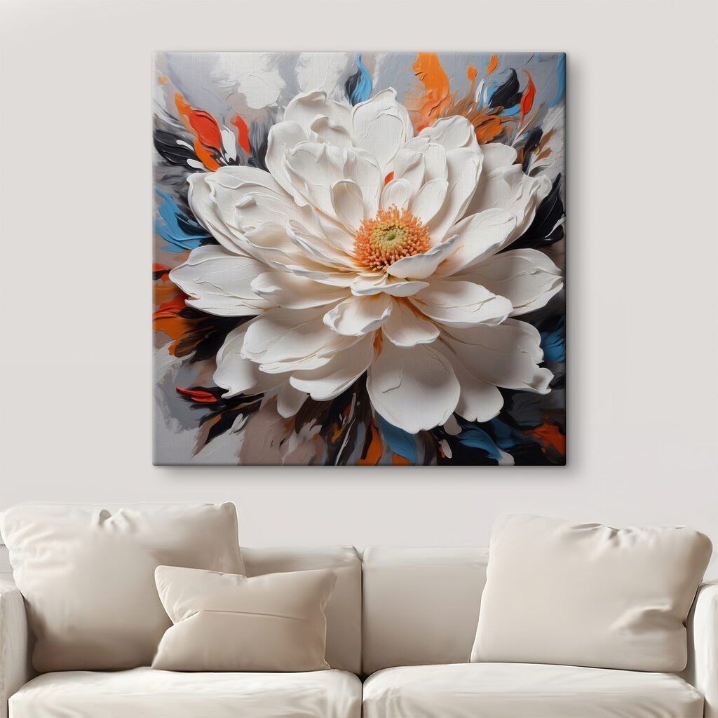 A white flower with orange center