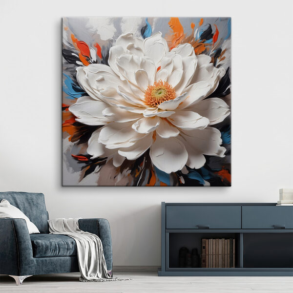 A white flower with orange center