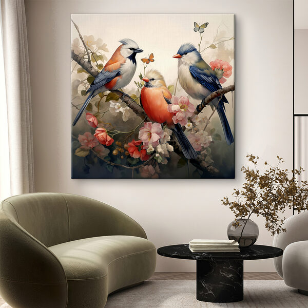 Cuadros Cuadros Un grupo de pájaros en una rama con flores (SKU: s38103)