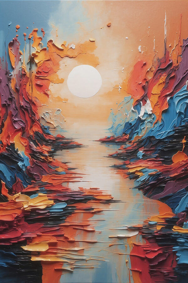A painting of a river with a sun in the background A painting of a river with a sun in the background