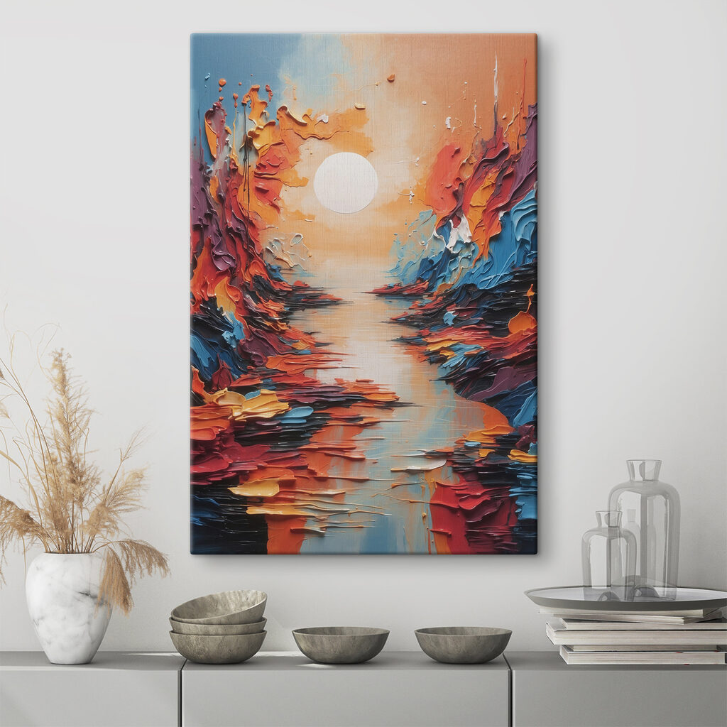 A painting of a river with a sun in the background A painting of a river with a sun in the background