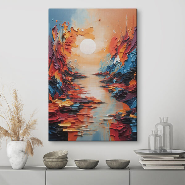 A painting of a river with a sun in the background A painting of a river with a sun in the background
