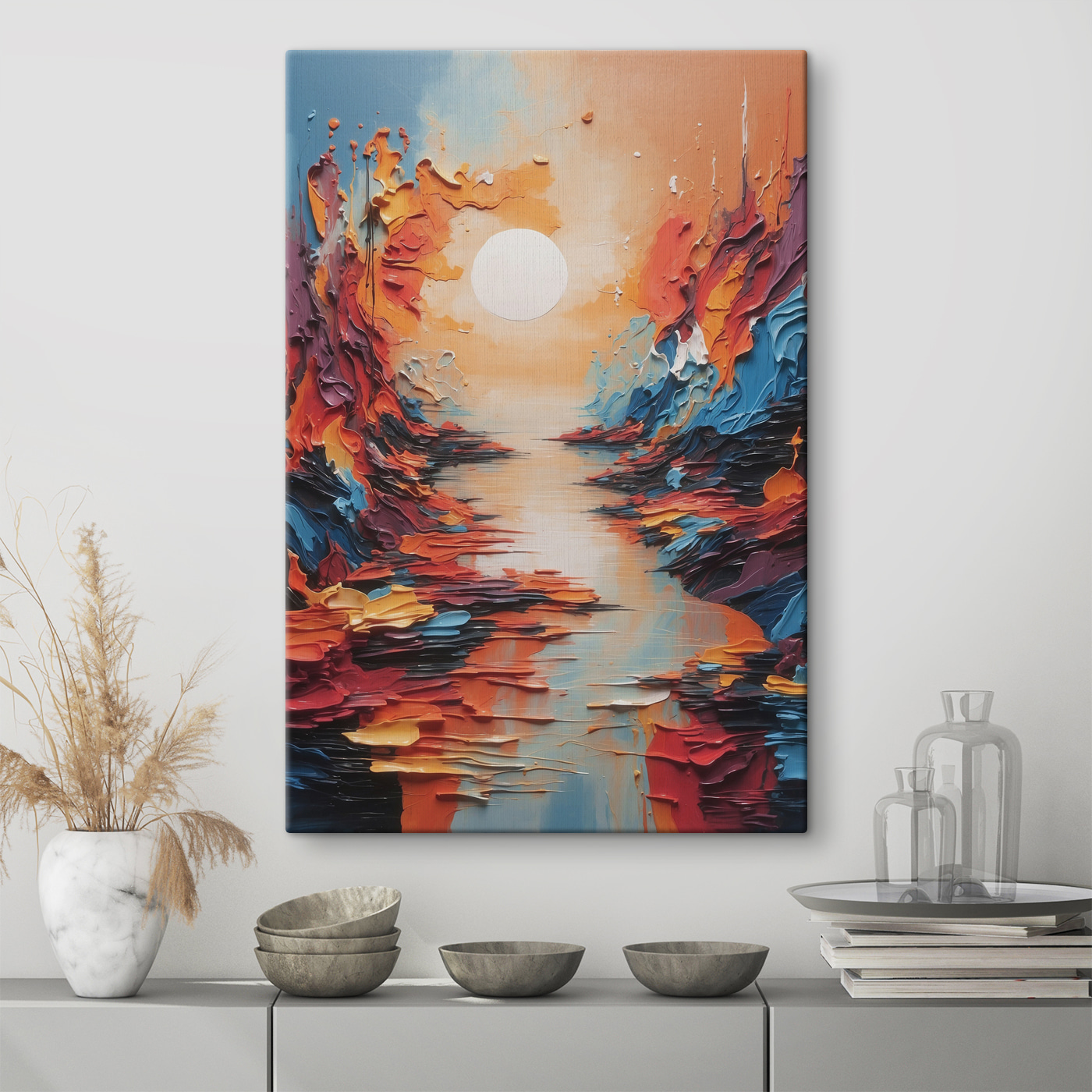 A painting of a river with a sun in the background A painting of a river with a sun in the background