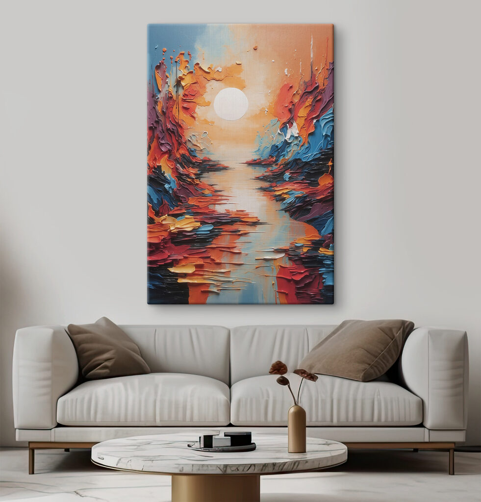 A painting of a river with a sun in the background A painting of a river with a sun in the background