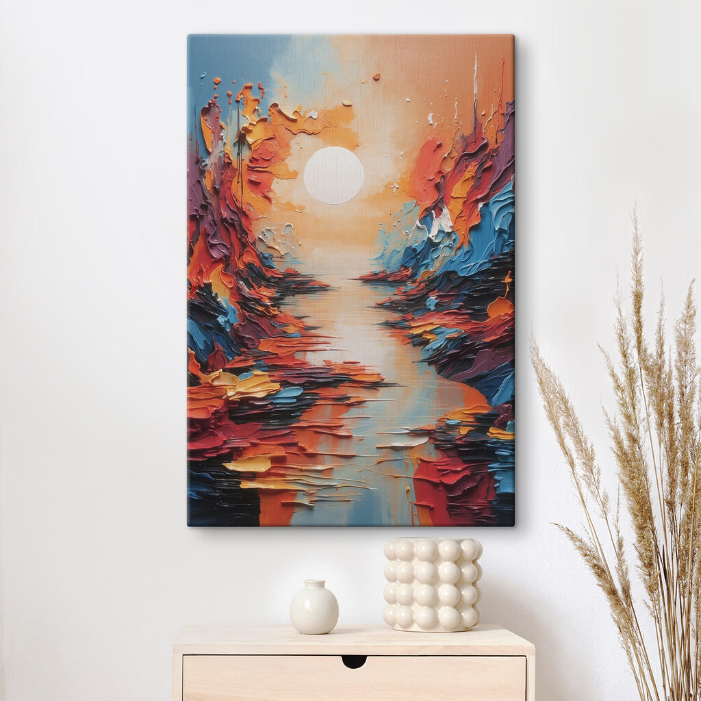 A painting of a river with a sun in the background A painting of a river with a sun in the background