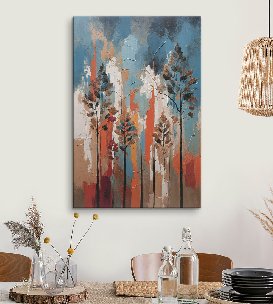 A painting of trees with orange and blue stripes A painting of trees with orange and blue stripes