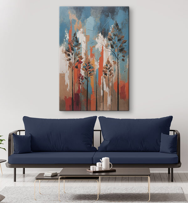 A painting of trees with orange and blue stripes A painting of trees with orange and blue stripes