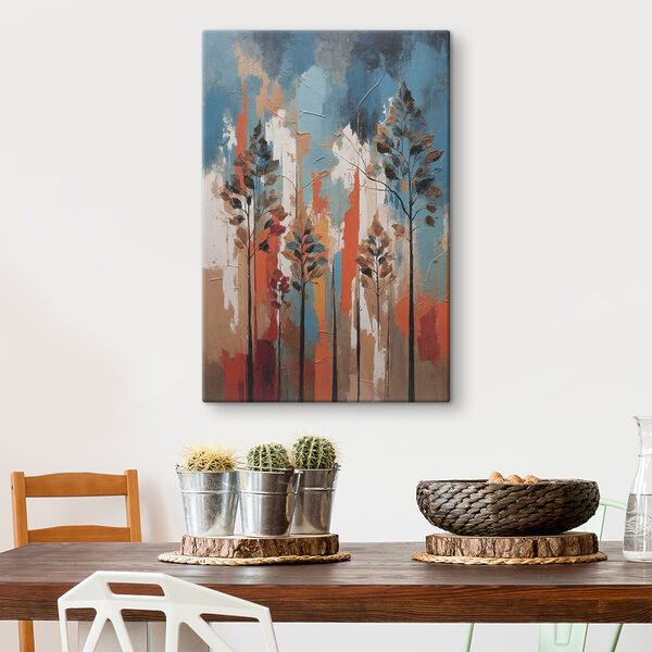 A painting of trees with orange and blue stripes A painting of trees with orange and blue stripes