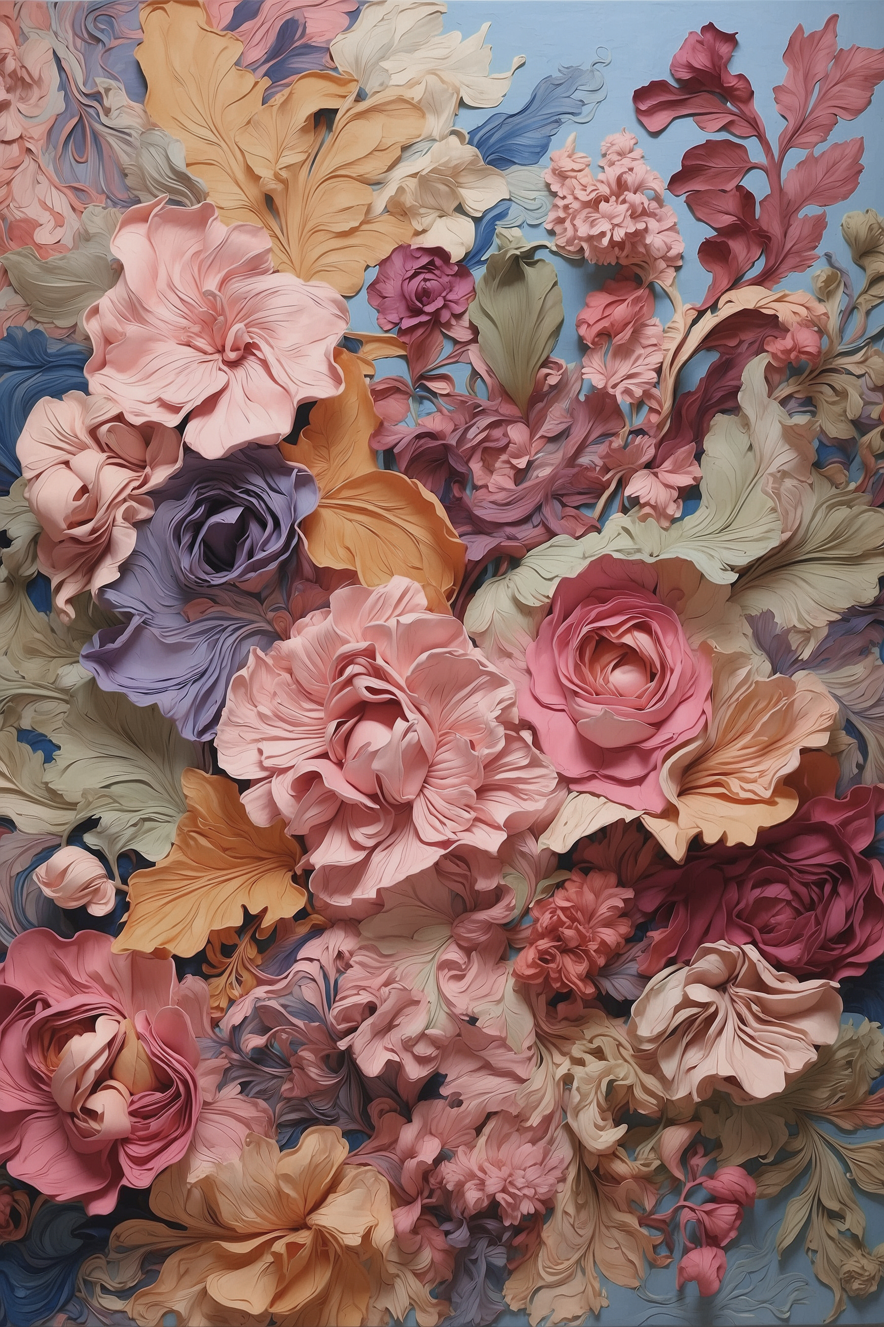 A group of flowers on a blue surface