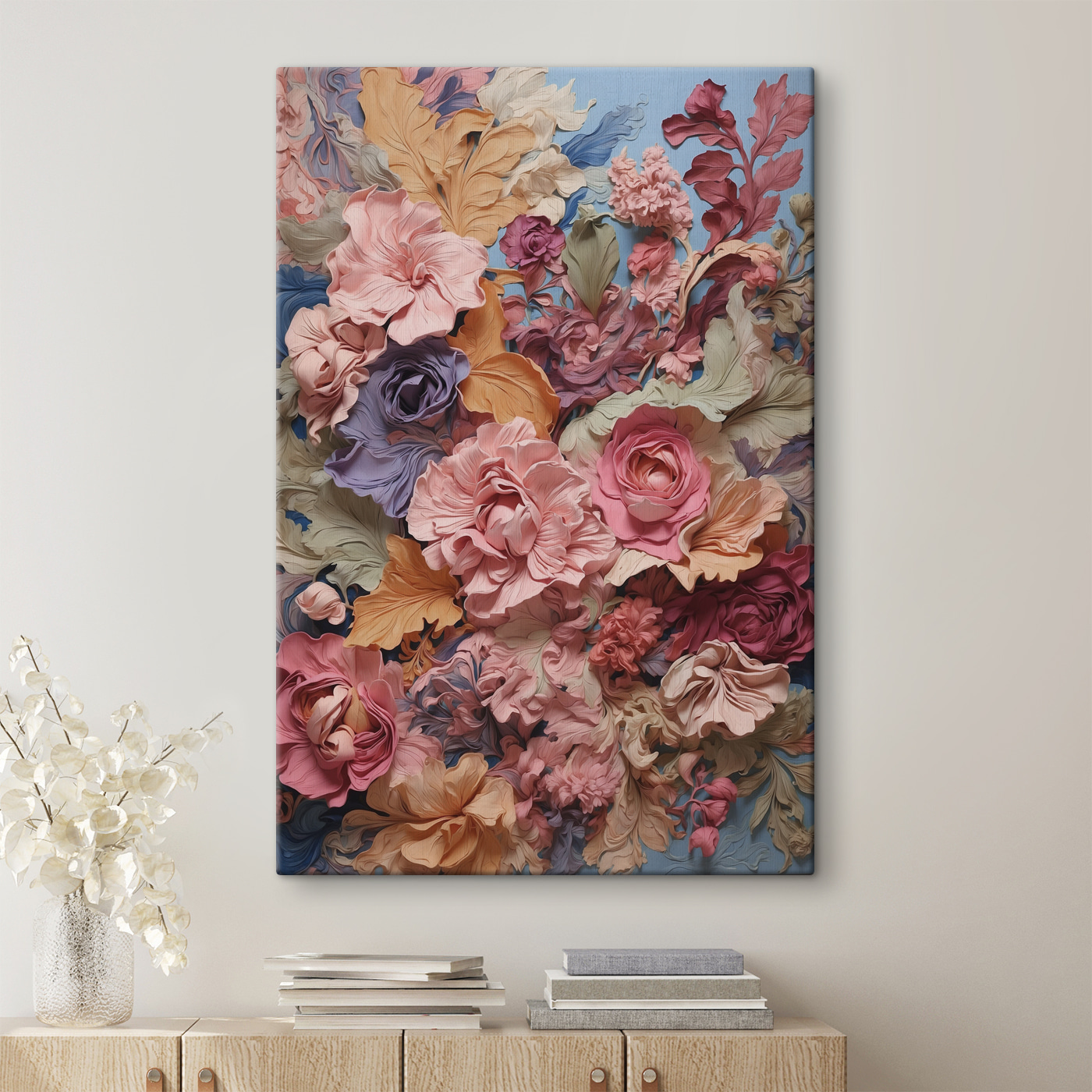 A group of flowers on a blue surface
