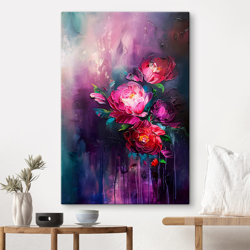 A painting of flowers on a purple background