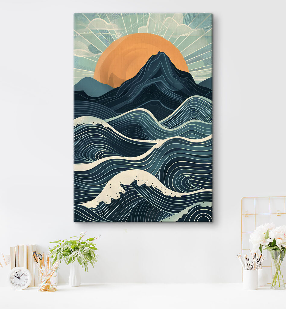 A mountain with waves and sun