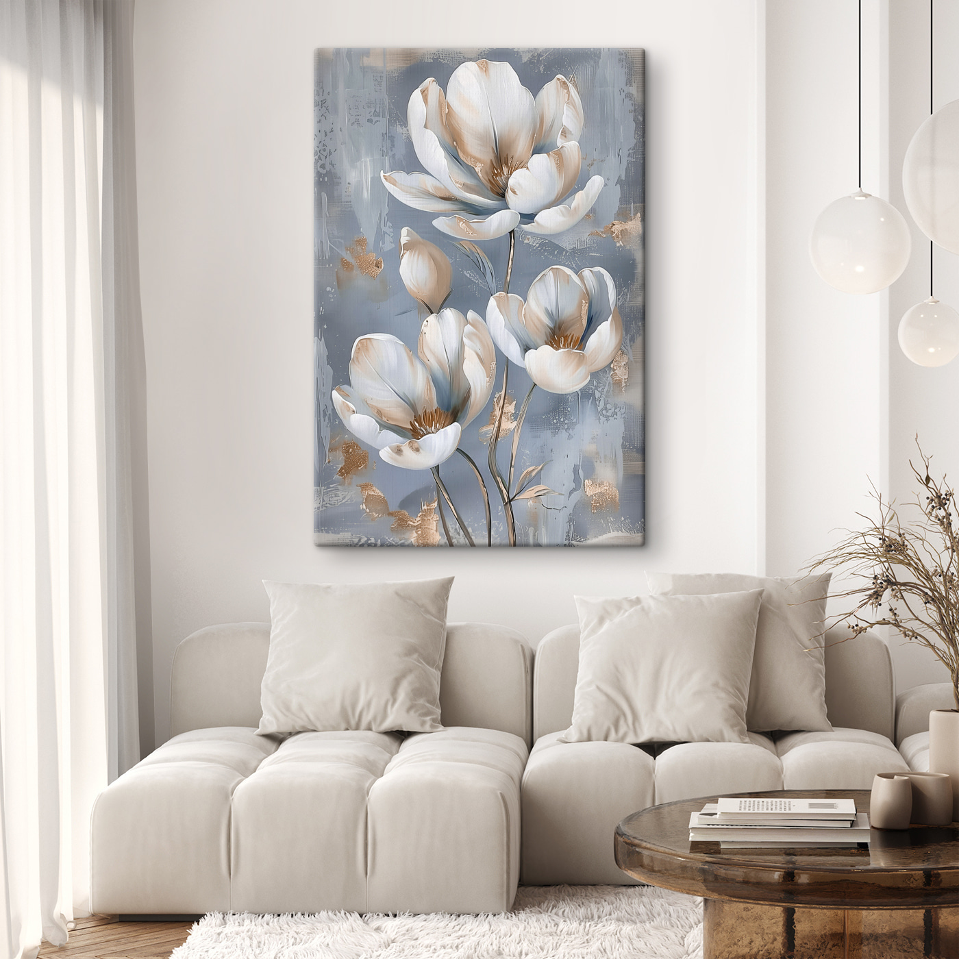 A painting of flowers on a blue background A painting of flowers on a blue background