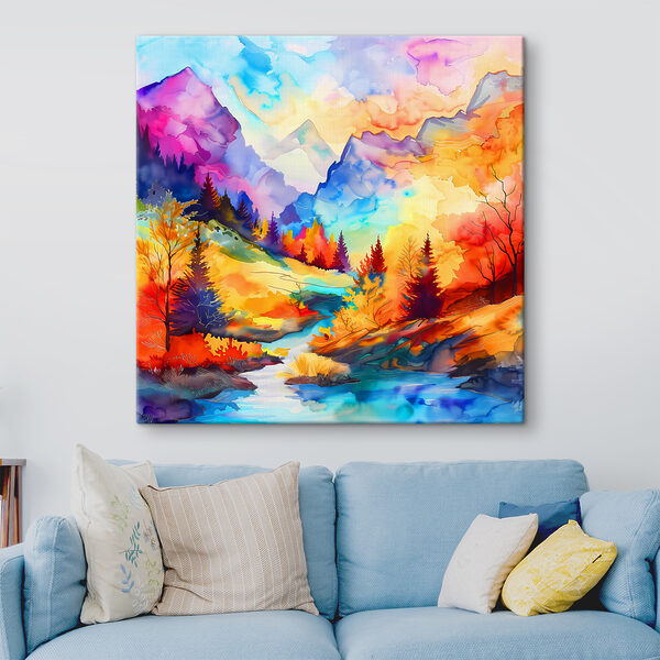 Cuadros Cuadros Un colorido paisaje montañoso con árboles y un río (SKU: s38145)