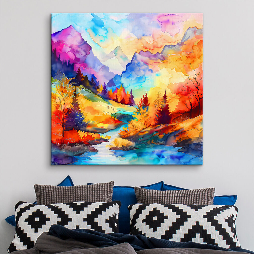 A colorful mountain landscape with trees and a river