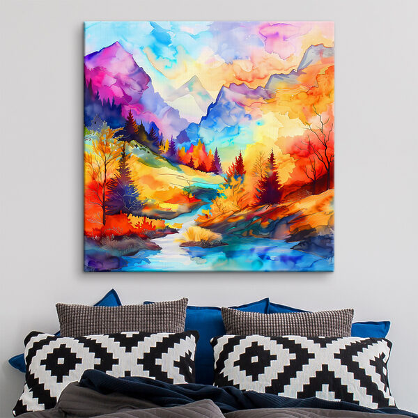 A colorful mountain landscape with trees and a river