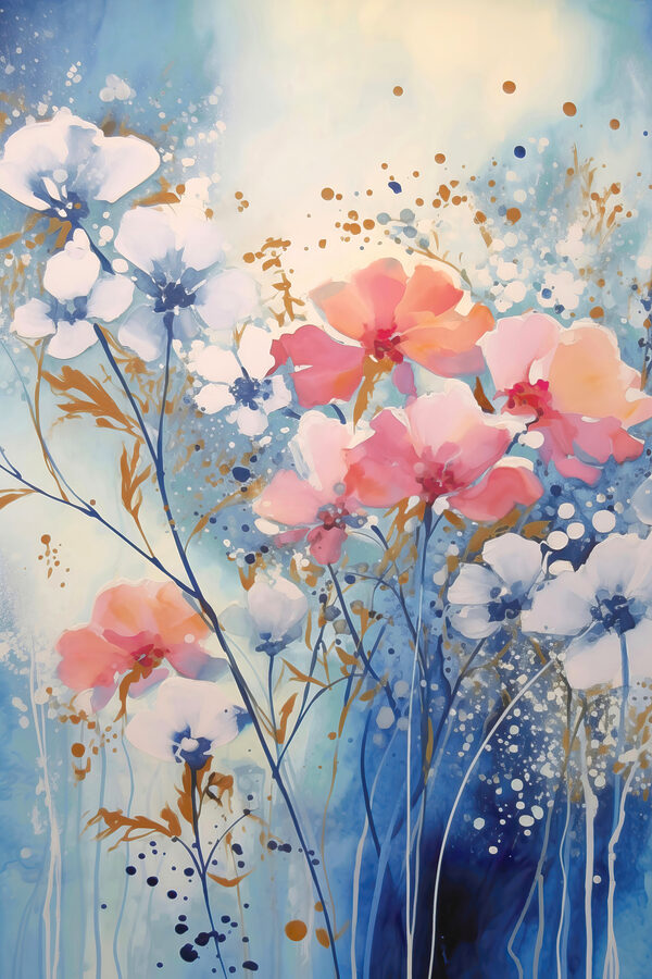 A painting of flowers on a blue background