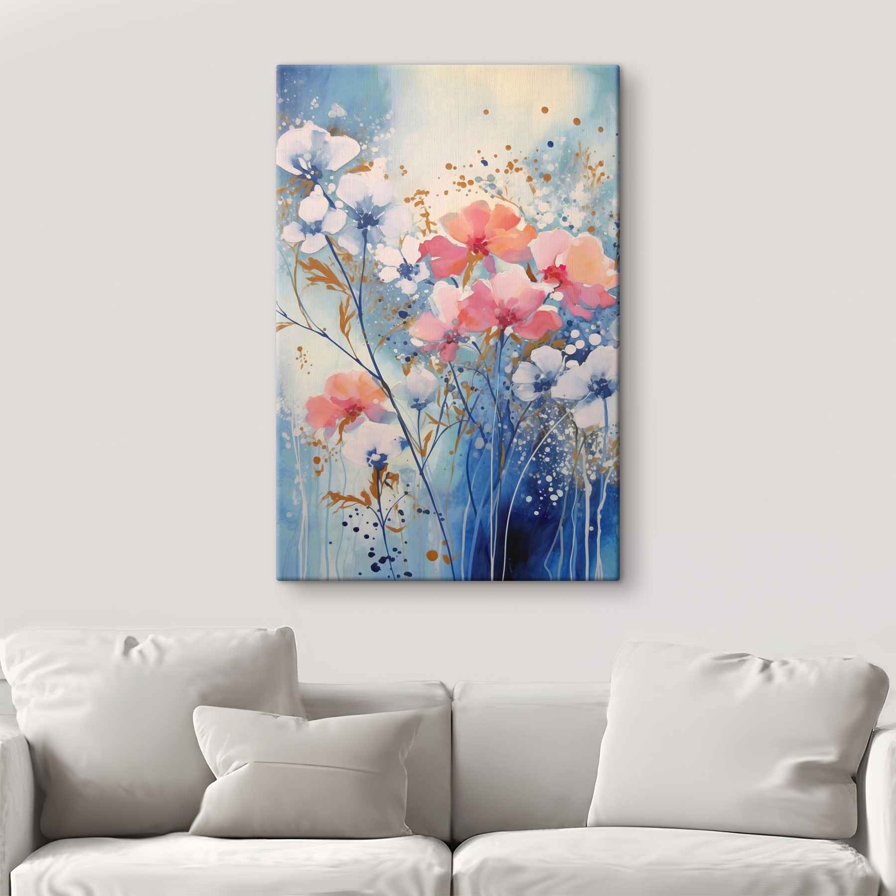 A painting of flowers on a blue background