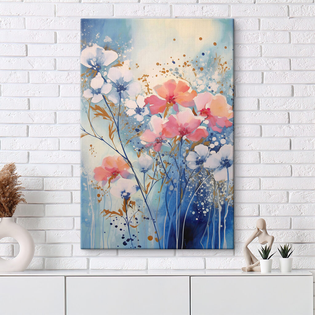 A painting of flowers on a blue background